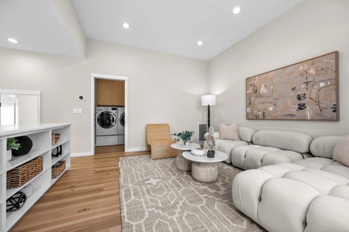 Interior, Living room, Recessed Lighting, Utility Closets, Washer, Wood Texture Flooring