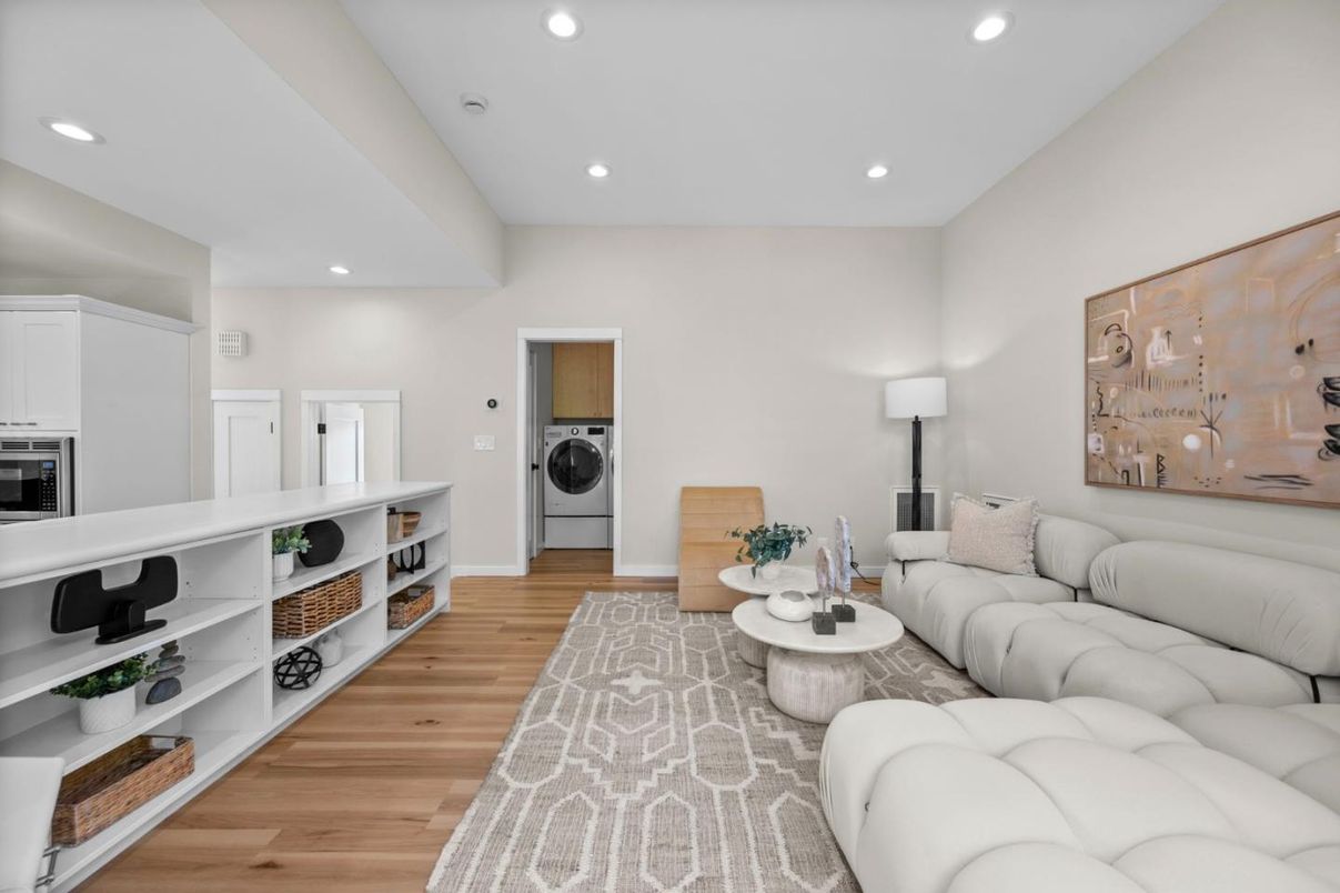 Interior, Living room, Recessed Lighting, Washer, Wood Texture Flooring