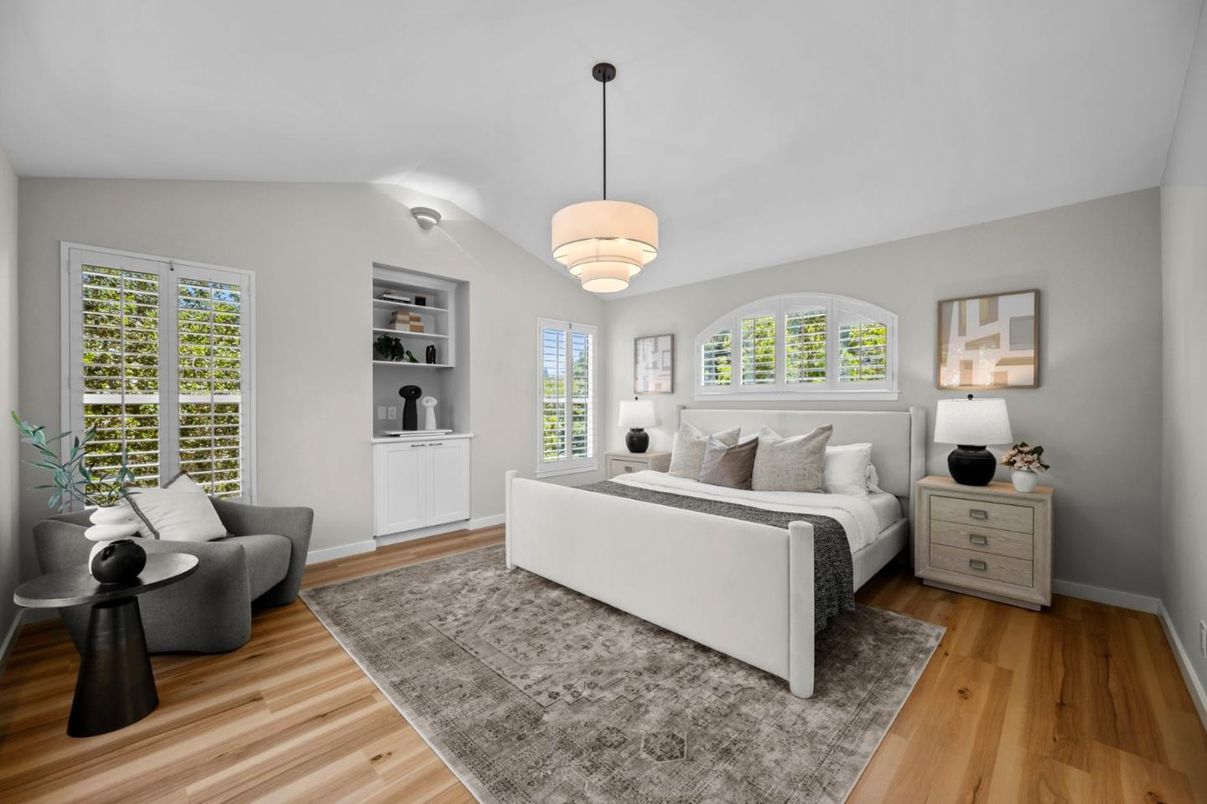 Bedroom, Interior, Pendant Lights, Wood Texture Flooring