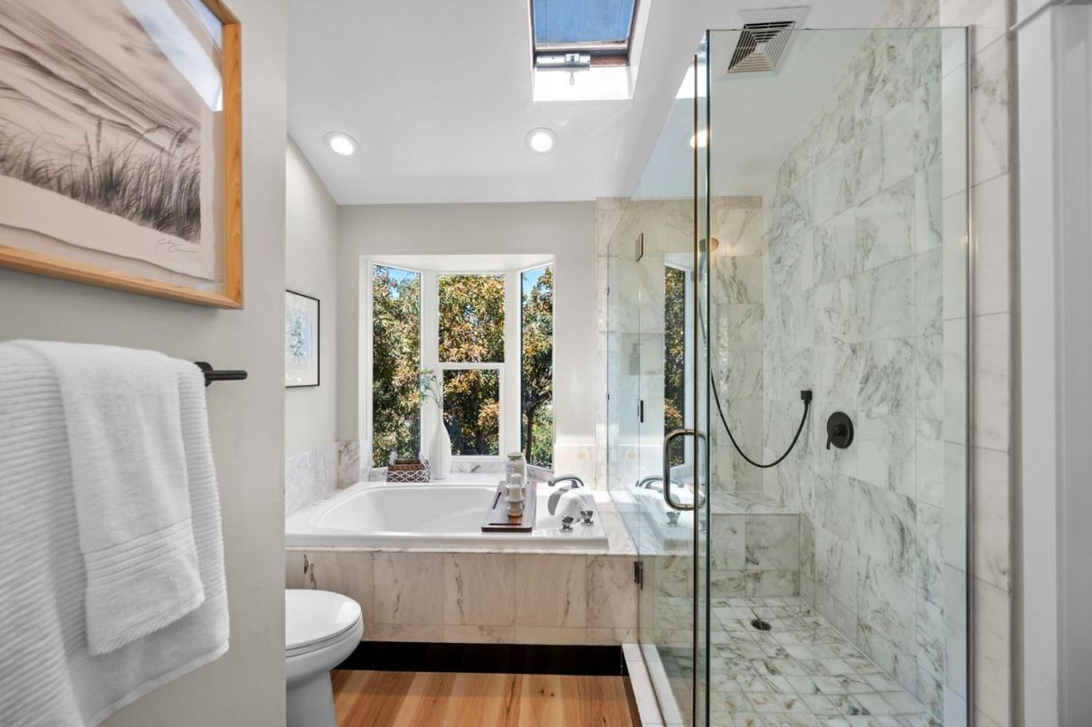 Bathroom, Glass Shower, Interior, Marble Walls, Recessed Lighting, Wood Texture Flooring