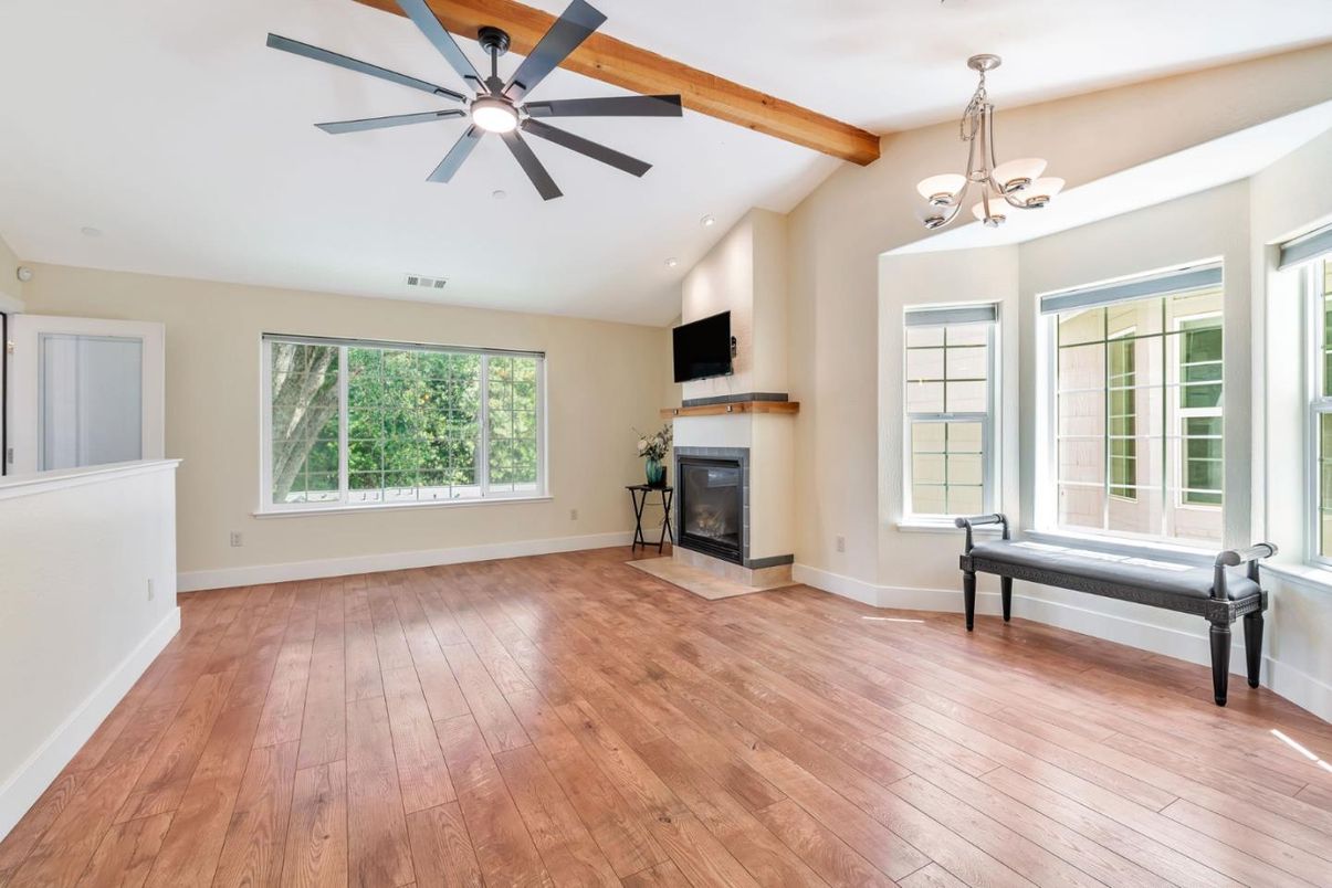 Chandelier, Empty room, Fireplace, Interior, Wooden Beams, Wood Texture Flooring