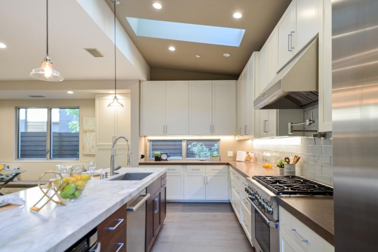 Interior, Kitchen, Pendant Lights, Recessed Lighting, Stainless Steel Appliances, Wood Texture Flooring