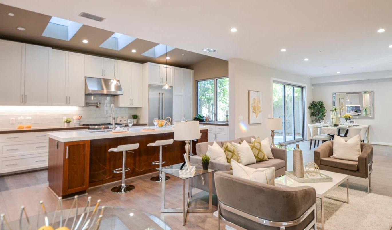 Interior, Kitchen, Living room, Pendant Lights, Recessed Lighting, Stainless Steel Appliances, Wood Texture Flooring