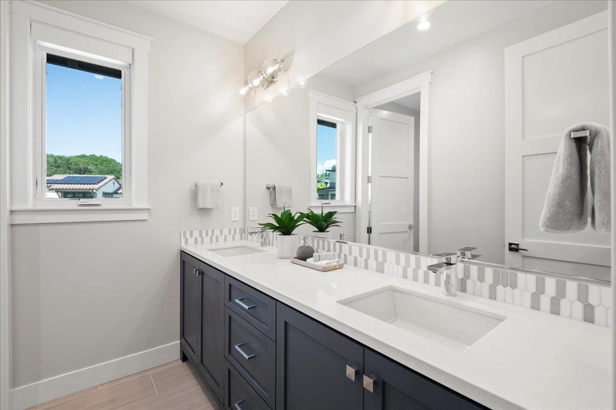 Bathroom, Dual Sink Vanities, Interior, Recessed Lighting, Wood Texture Flooring