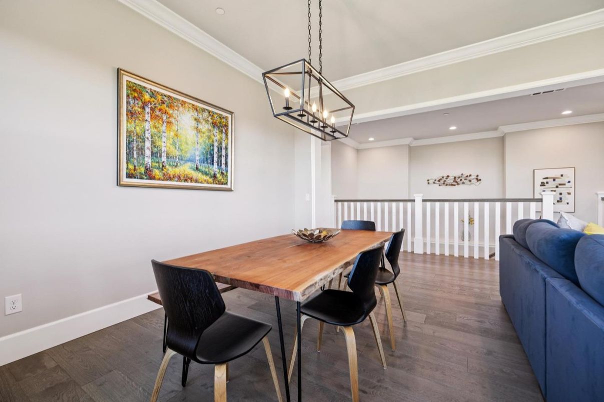 Dining room, Interior, Pendant Lights, Recessed Lighting, Wood Texture Flooring