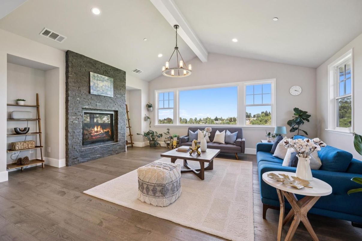 Fireplace, Interior, Living room, Recessed Lighting, Wood Texture Flooring