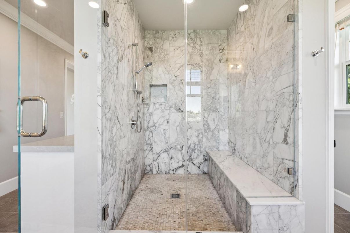 Bathroom, Glass Shower, Interior, Marble Walls, Recessed Lighting