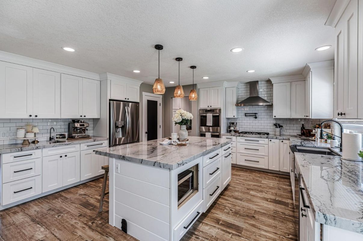 Interior, Kitchen, Pendant Lights, Recessed Lighting, Stainless Steel Appliances, Wood Texture Flooring