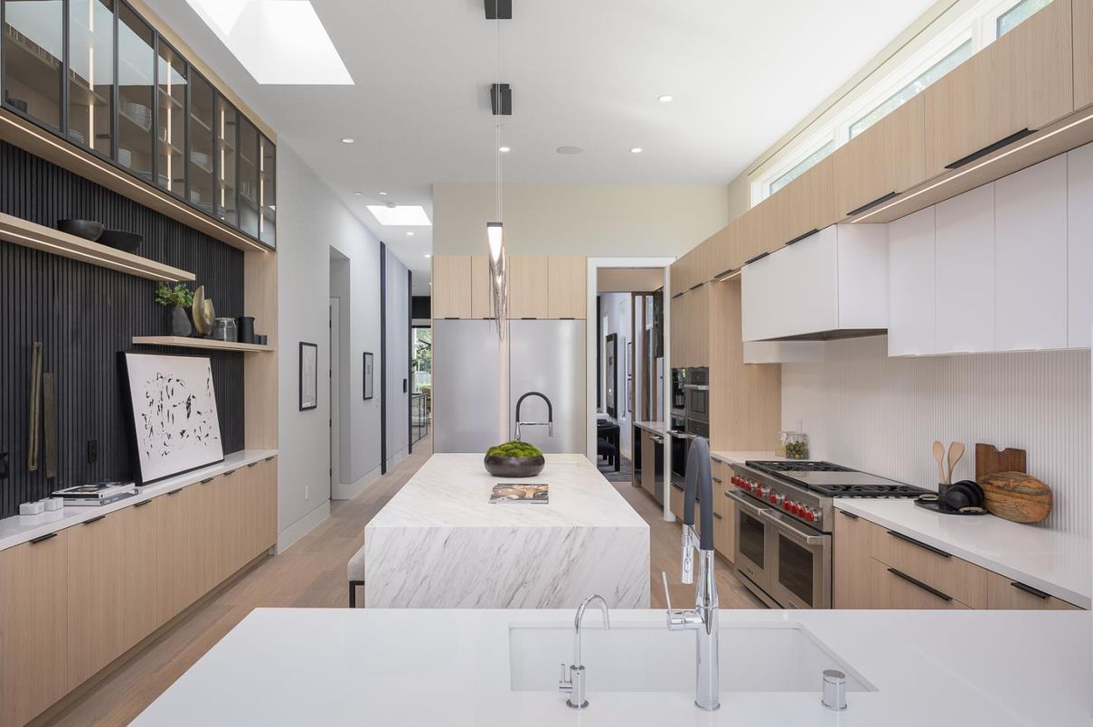 Interior, Kitchen, Pendant Lights, Recessed Lighting, Stainless Steel Appliances, Wood Texture Flooring