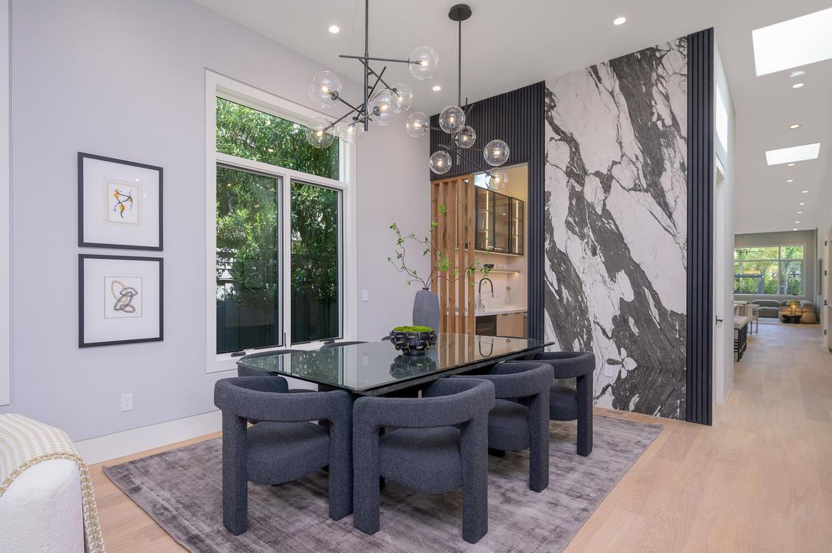 Dining room, Interior, Pendant Lights, Recessed Lighting, Wood Texture Flooring