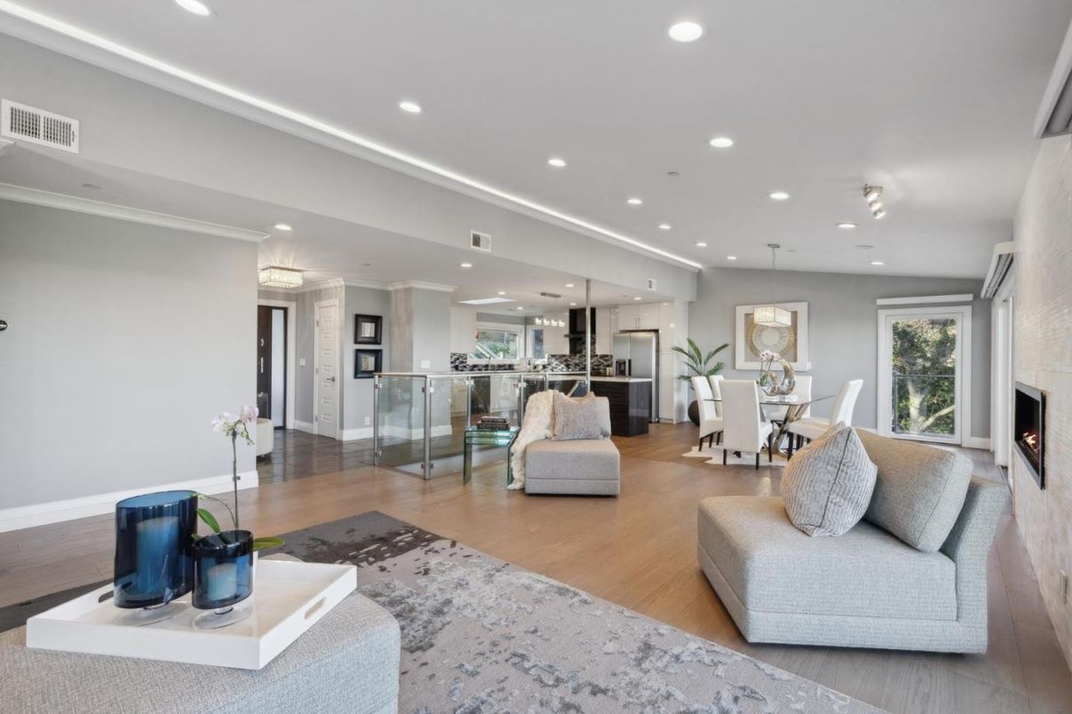 Dining room, Fireplace, Interior, Kitchen, Living room, Pendant Lights, Recessed Lighting, Stainless Steel Appliances, Wood Texture Flooring