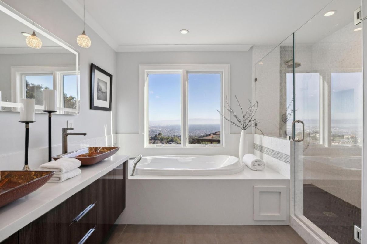 Bathroom, Dual Sink Vanities, Glass Shower, Interior, Pendant Lights, Recessed Lighting, Water