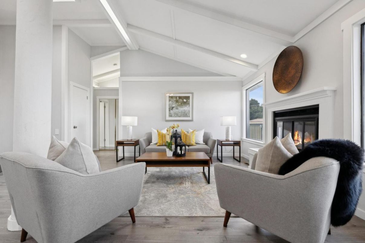 Fireplace, Interior, Living room, Recessed Lighting, Wood Texture Flooring