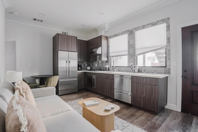 Interior, Kitchen, Living room, Recessed Lighting, Stainless Steel Appliances, Wood Texture Flooring