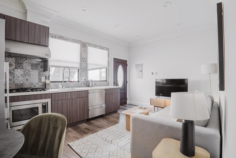 Interior, Kitchen, Living room, Recessed Lighting, Stainless Steel Appliances, Wood Texture Flooring
