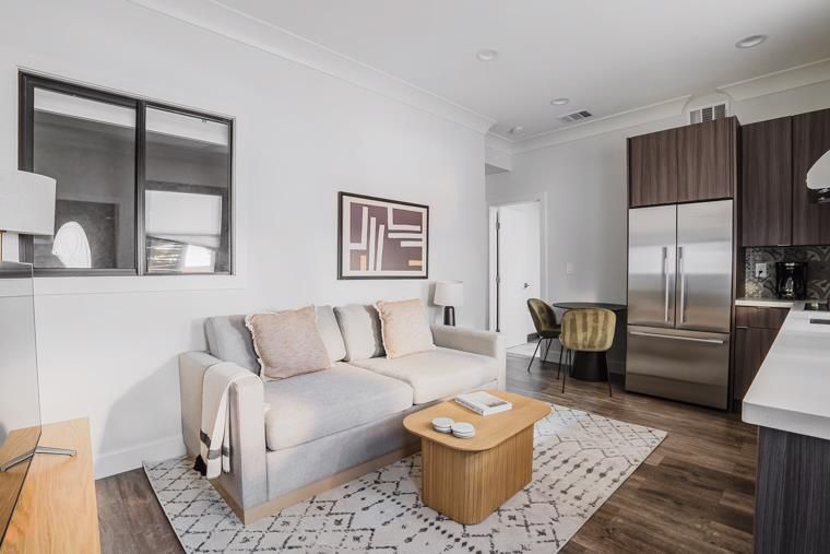 Interior, Kitchen, Living room, Recessed Lighting, Stainless Steel Appliances, Wood Texture Flooring