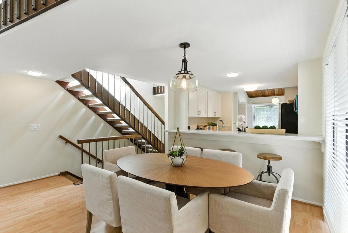 Dining room, Interior, Kitchen, Pendant Lights, Wood Texture Flooring