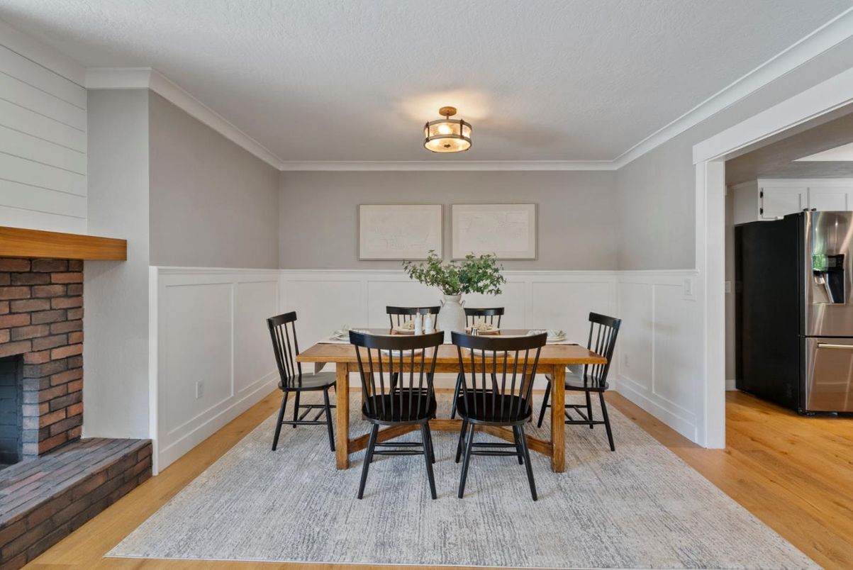 Dining room, Fireplace, Interior, Kitchen, Stainless Steel Appliances, Wood Texture Flooring