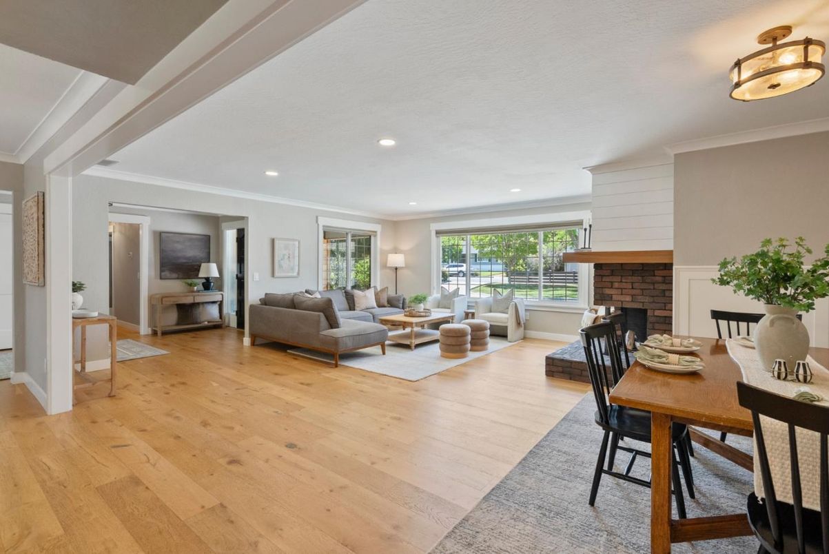 Dining room, Fireplace, Interior, Living room, Recessed Lighting, Wood Texture Flooring