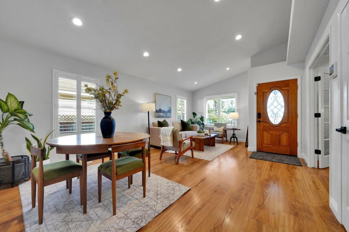 Dining room, Interior, Living room, Recessed Lighting, Wood Texture Flooring