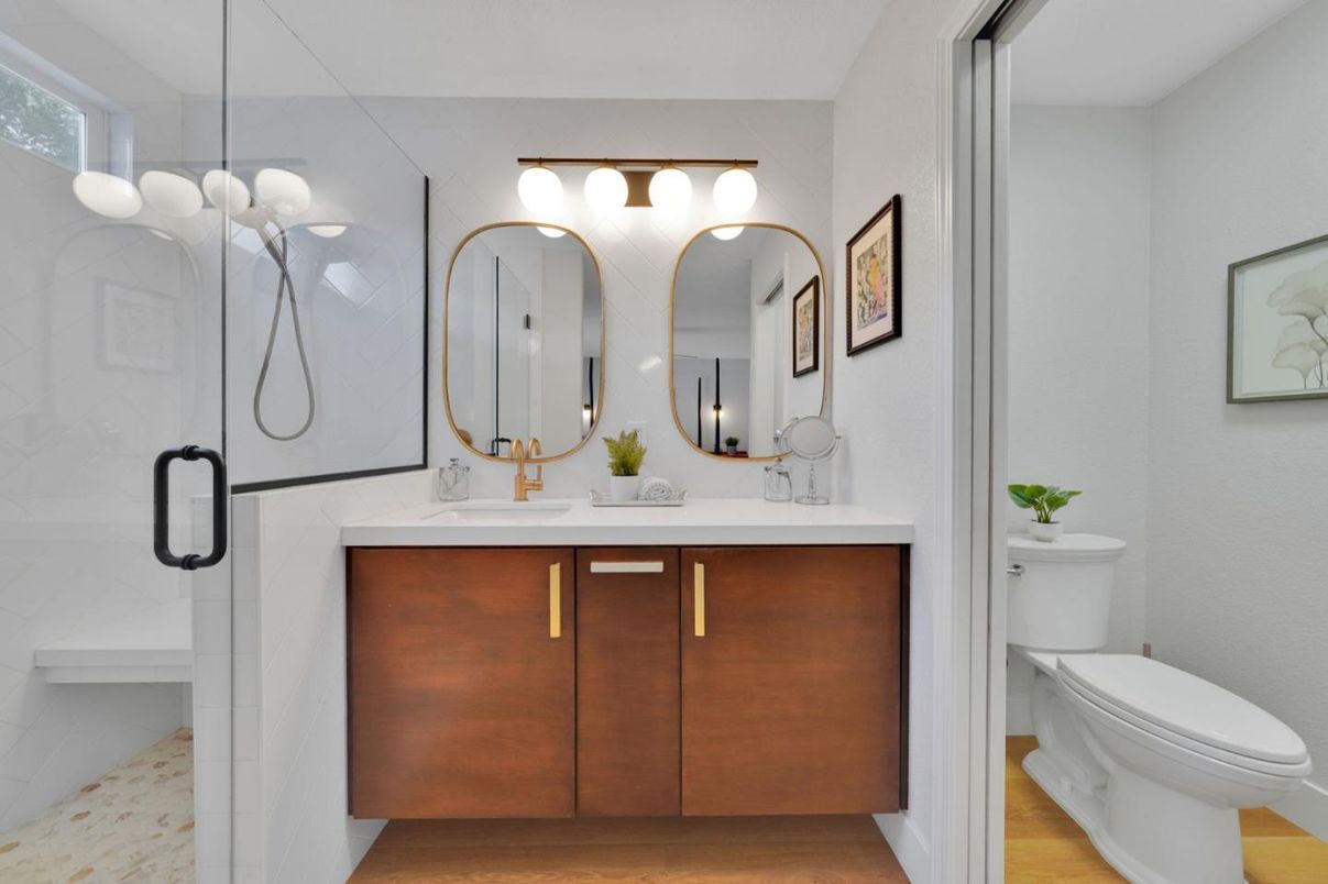 Bathroom, Dual Sink Vanities, Glass Shower, Interior, Wood Texture Flooring