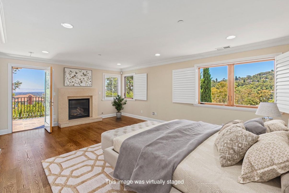 Bedroom, Fireplace, Interior, Recessed Lighting, Wood Texture Flooring
