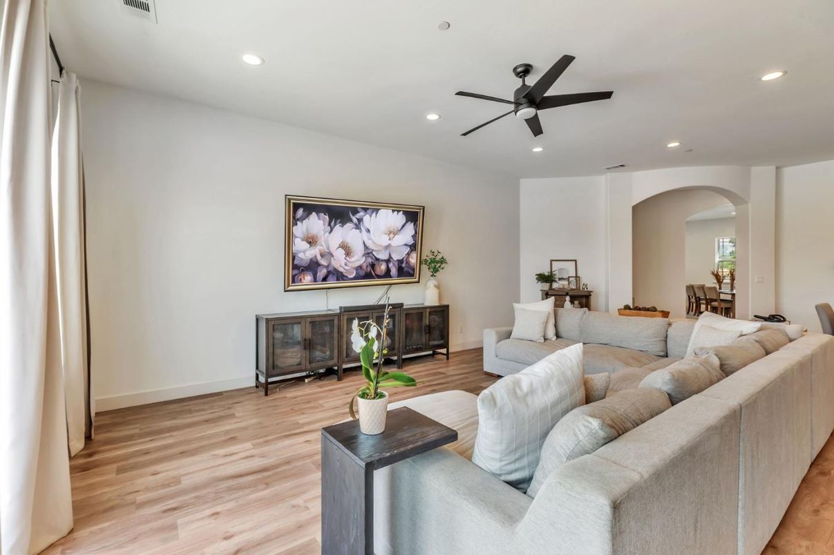Dining room, Fireplace, Interior, Living room, Recessed Lighting, Wood Texture Flooring