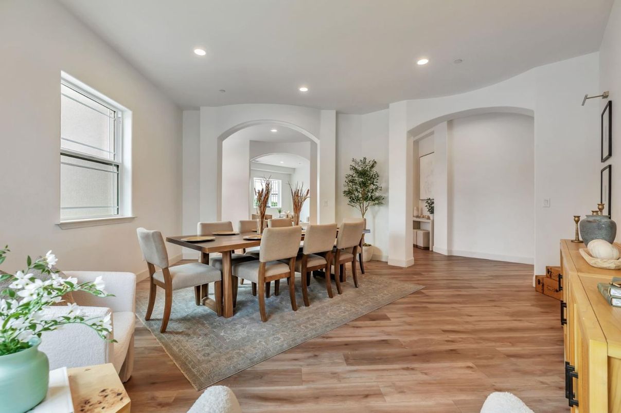 Dining room, Interior, Recessed Lighting, Wood Texture Flooring