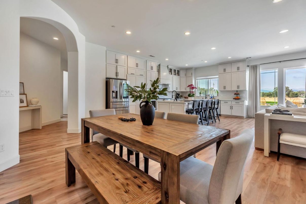 Dining room, Interior, Kitchen, Recessed Lighting, Stainless Steel Appliances, Wood Texture Flooring