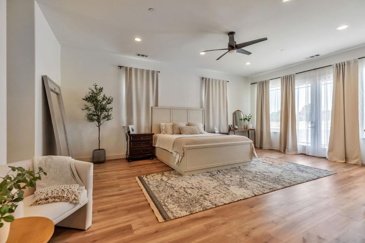 Bedroom, Interior, Recessed Lighting, Wood Texture Flooring