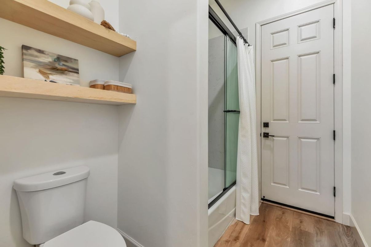 Bathroom, Glass Shower, Interior, Wood Texture Flooring