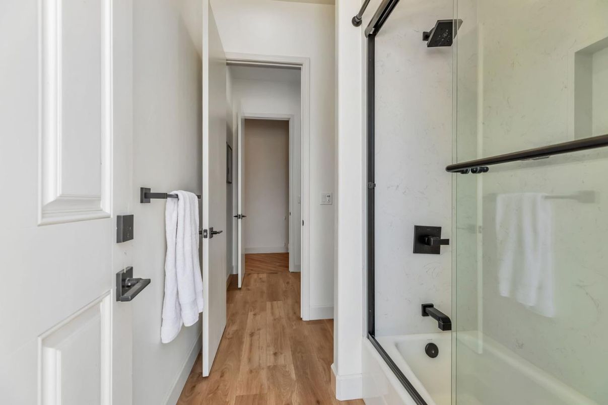 Bathroom, Glass Shower, Interior, Wood Texture Flooring