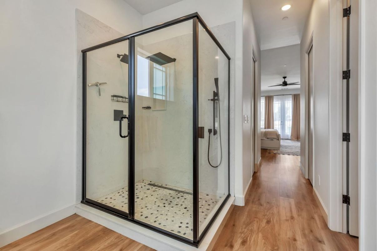 Bathroom, Glass Shower, Interior, Recessed Lighting, Wood Texture Flooring
