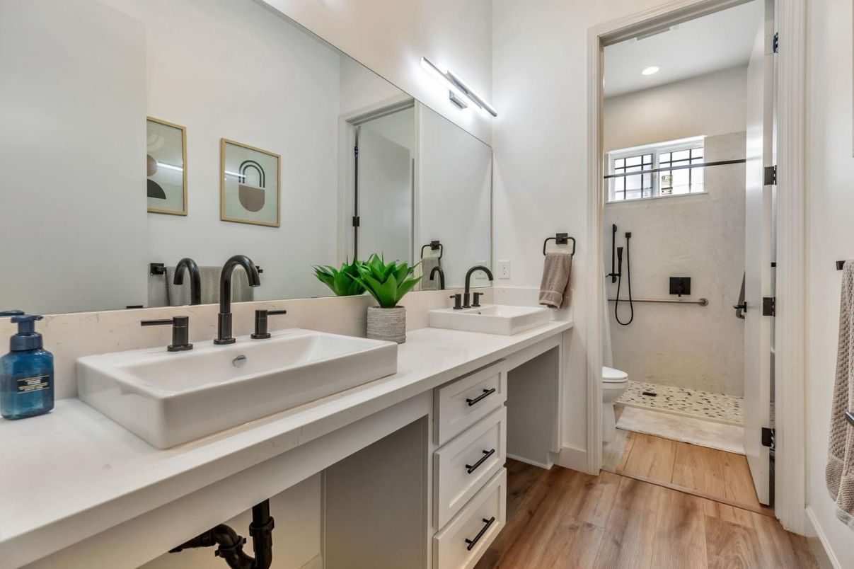 Bathroom, Dual Sink Vanities, Interior, Recessed Lighting, Wood Texture Flooring