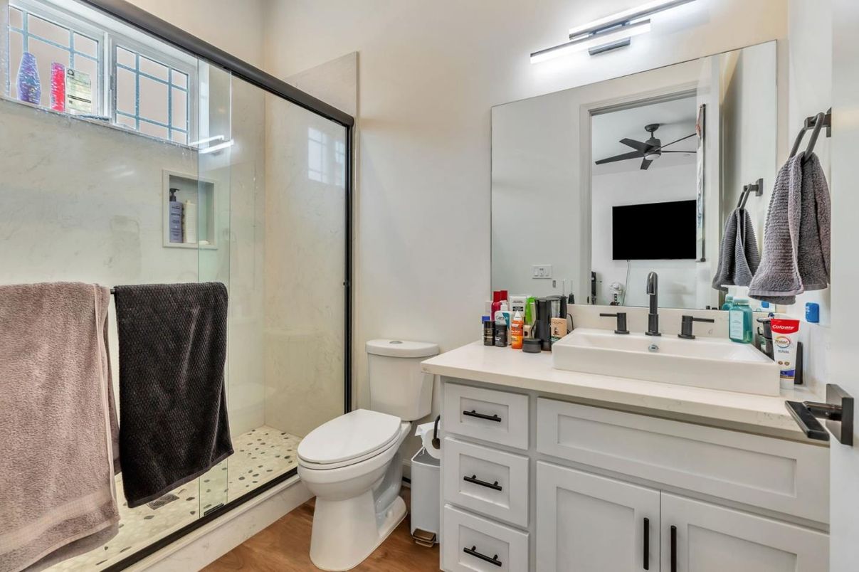 Bathroom, Glass Shower, Interior, Wood Texture Flooring