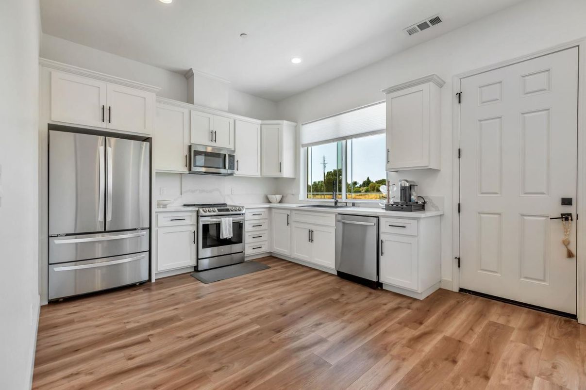 Interior, Kitchen, Recessed Lighting, Stainless Steel Appliances, Wood Texture Flooring