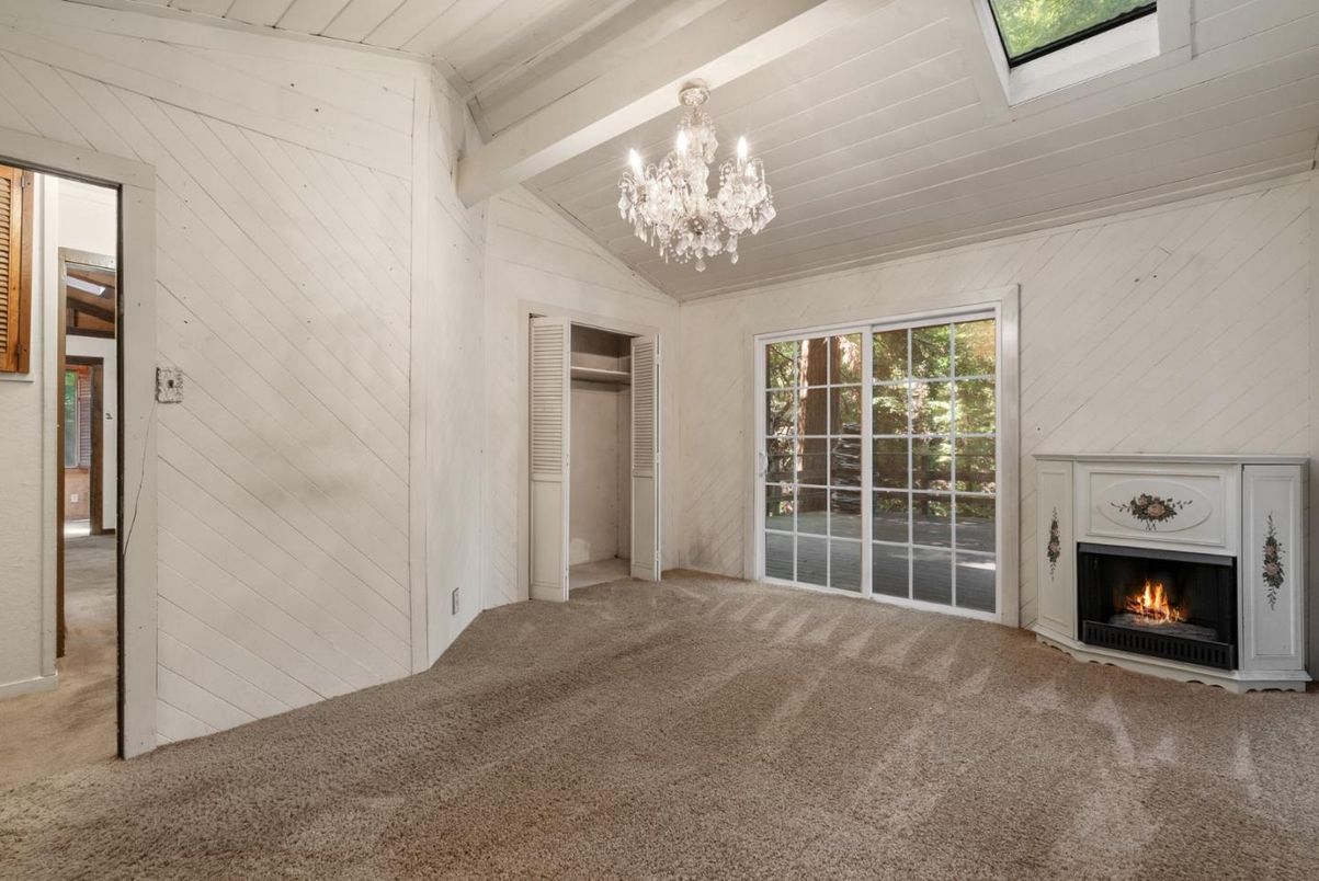 Chandelier, Empty room, Fireplace, Interior