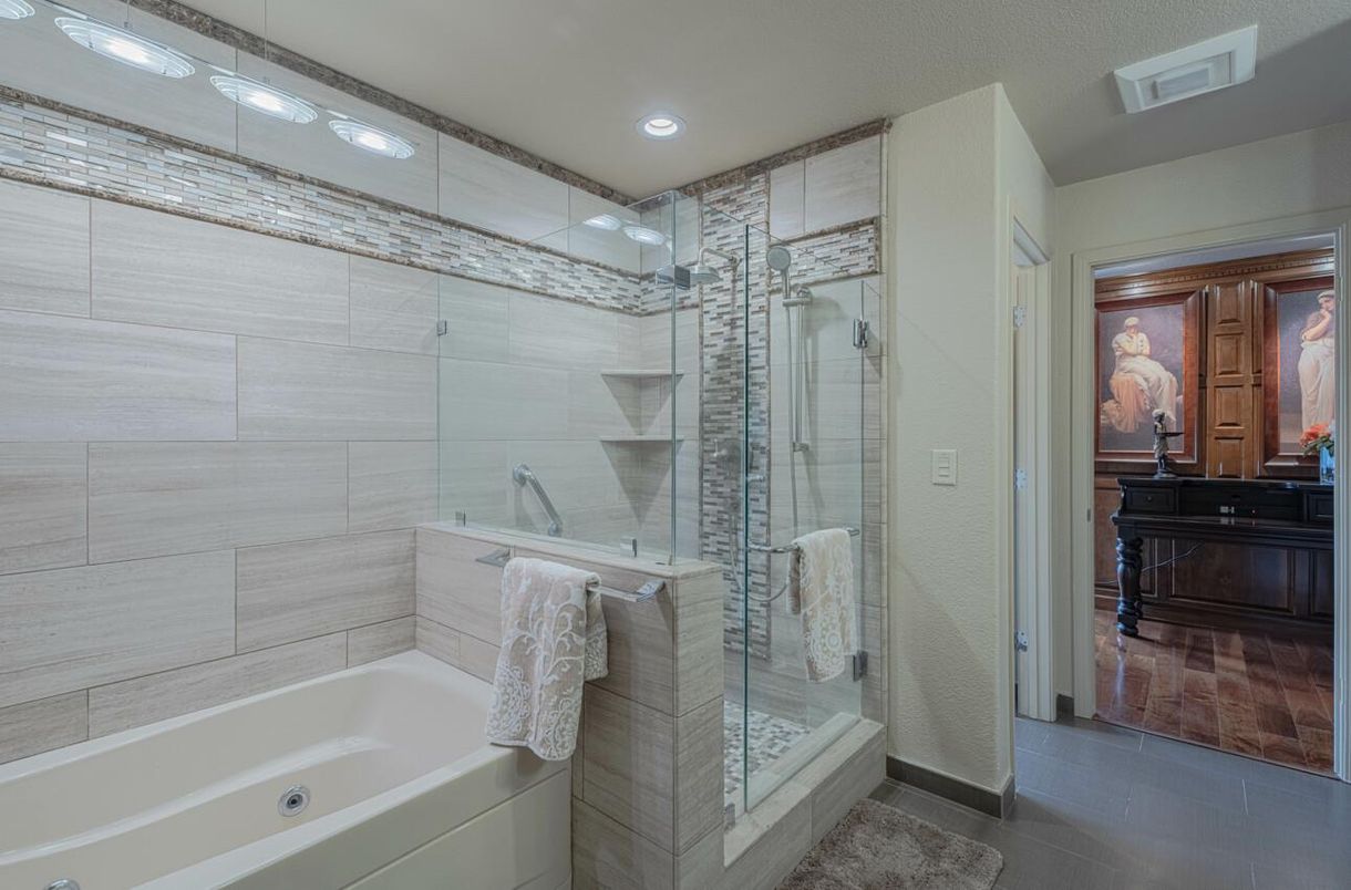 Bathroom, Glass Shower, Interior, Recessed Lighting, Wood Texture Flooring