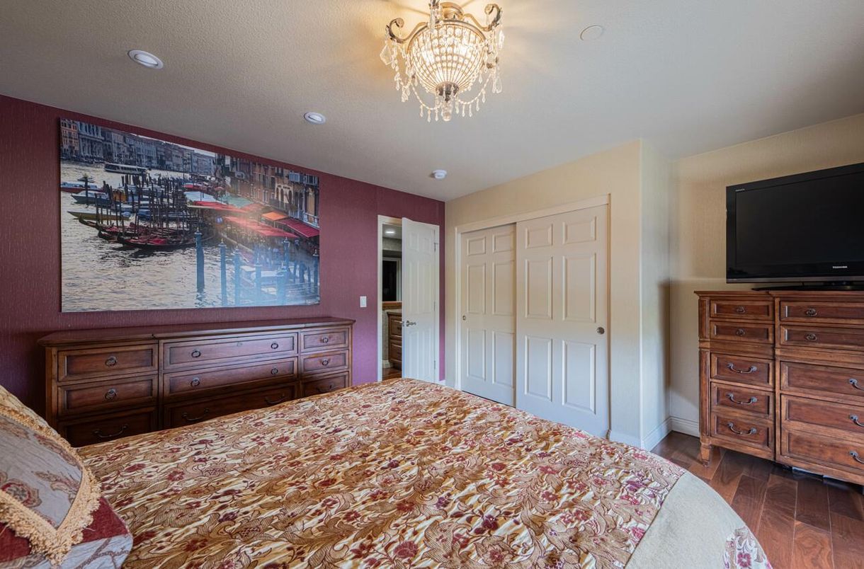 Bedroom, Chandelier, Interior, Recessed Lighting, Wood Texture Flooring