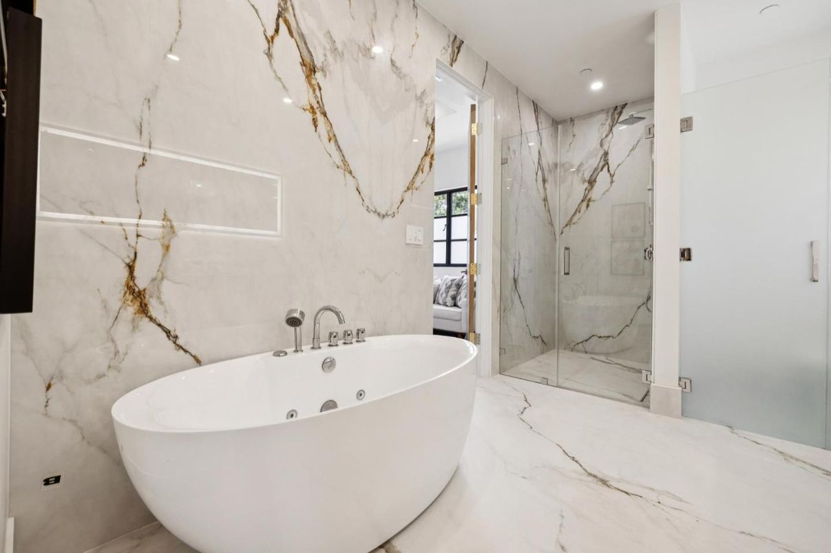 Bathroom, Free Standing Baths, Glass Shower, Interior, Marble, Marble Walls, Recessed Lighting