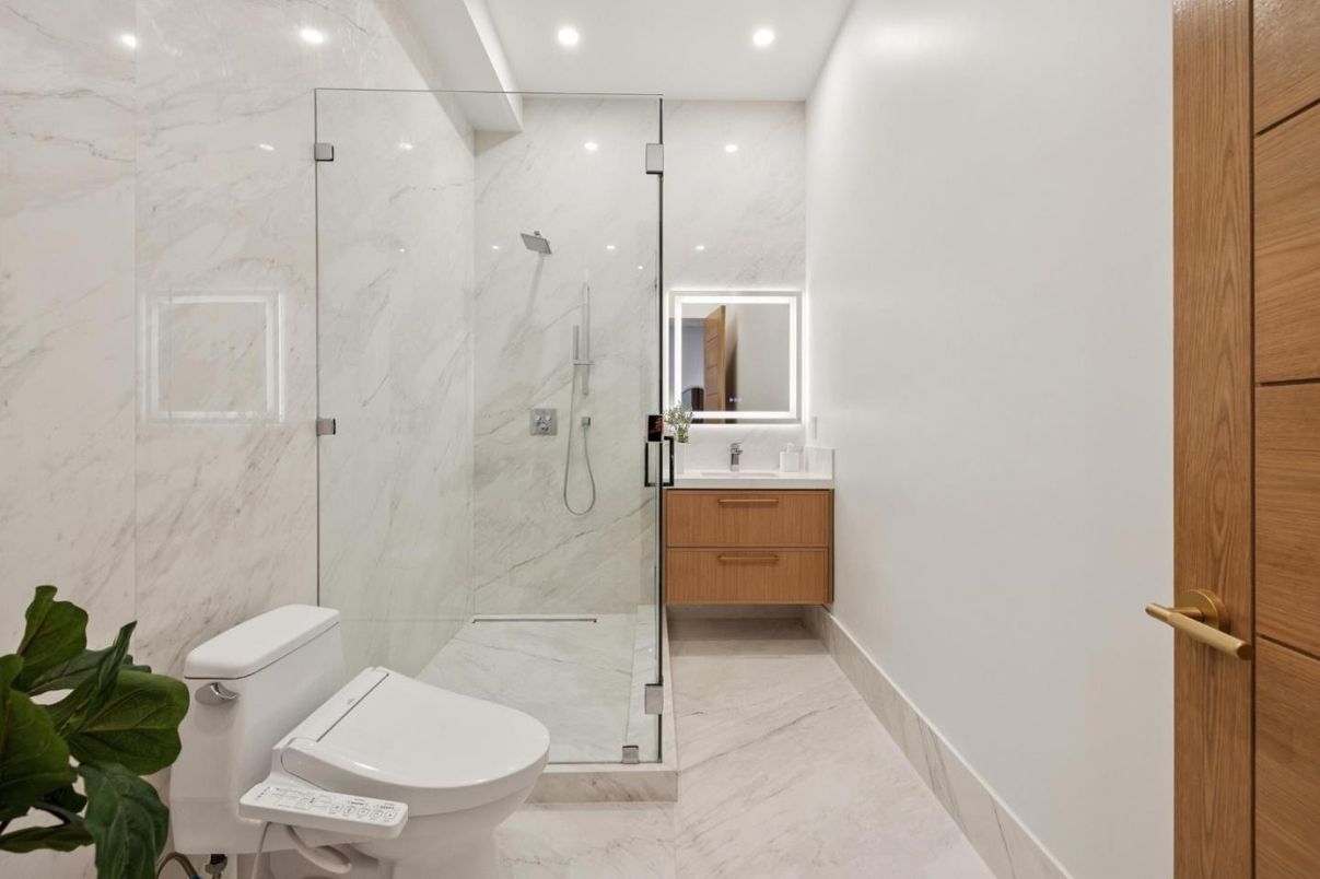 Bathroom, Glass Shower, Interior, Marble, Marble Walls, Recessed Lighting