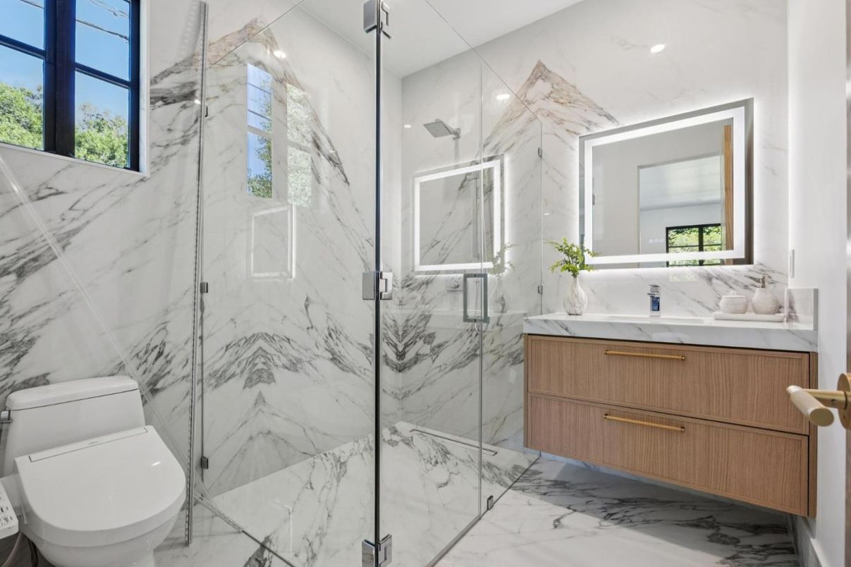 Bathroom, Glass Shower, Interior, Marble, Marble Walls, Recessed Lighting