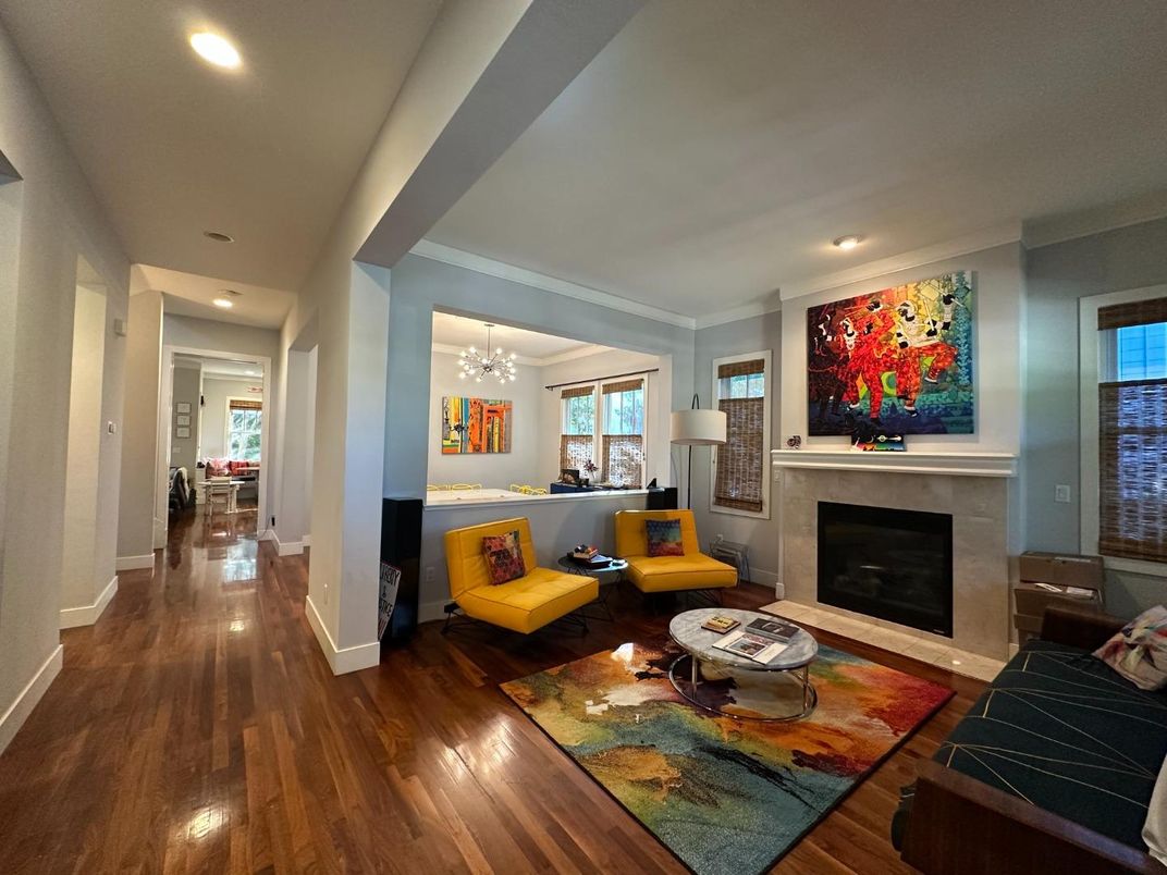 Fireplace, Interior, Recessed Lighting, Wood Texture Flooring