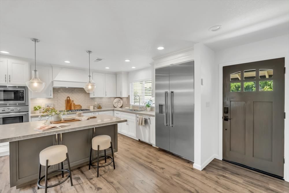 Interior, Kitchen, Pendant Lights, Recessed Lighting, Stainless Steel Appliances, Wood Texture Flooring