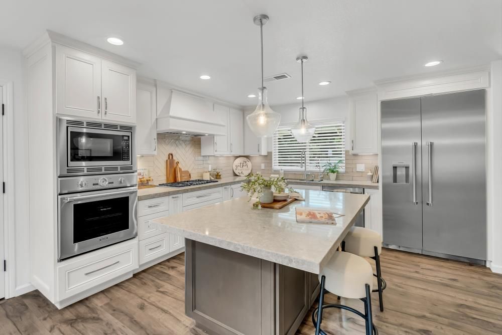 Interior, Kitchen, Pendant Lights, Recessed Lighting, Stainless Steel Appliances, Wood Texture Flooring