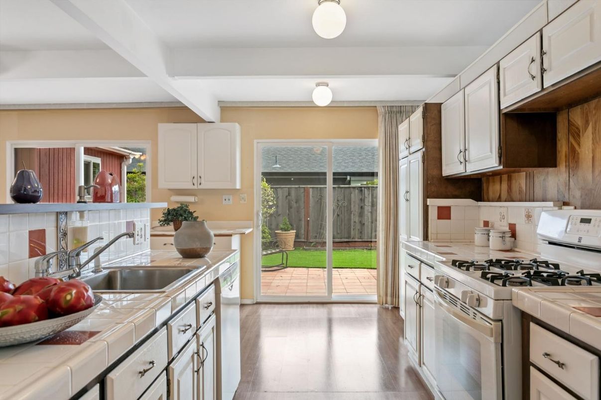 Interior, Kitchen, Tile Countertops, Wood Texture Flooring