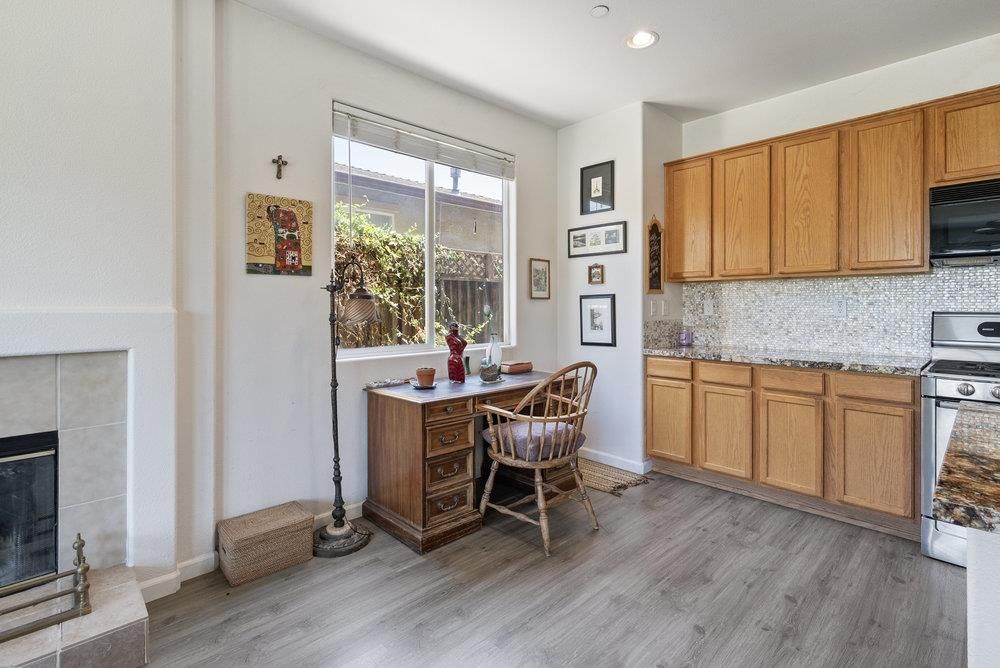Fireplace, Home Office, Interior, Kitchen, Recessed Lighting, Wood Texture Flooring