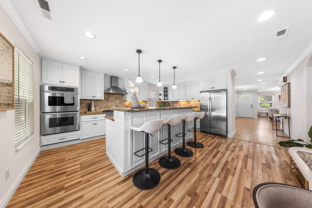 Interior, Kitchen, Pendant Lights, Recessed Lighting, Stainless Steel Appliances, Wood Texture Flooring