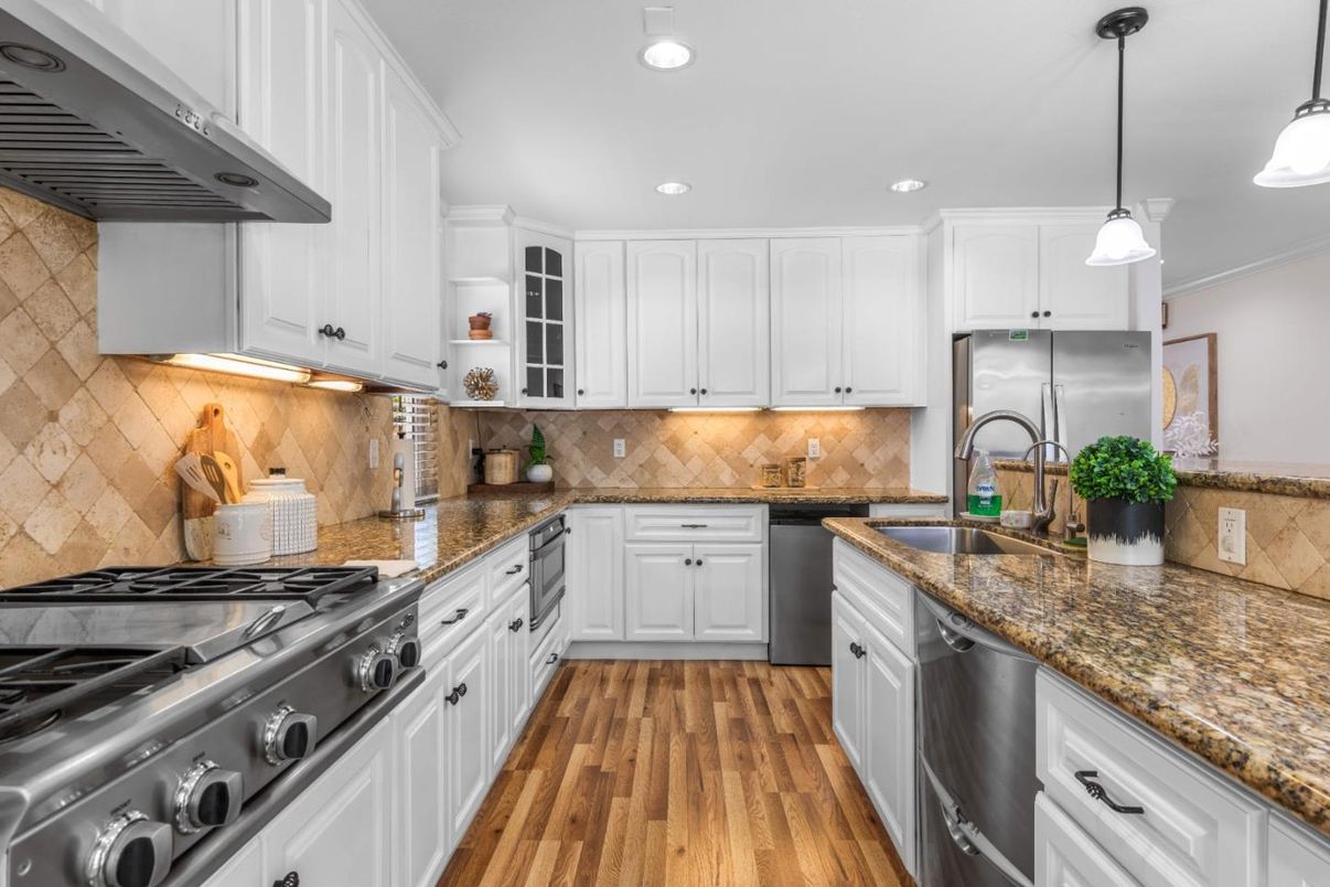 Interior, Kitchen, Pendant Lights, Recessed Lighting, Stainless Steel Appliances, Wood Texture Flooring