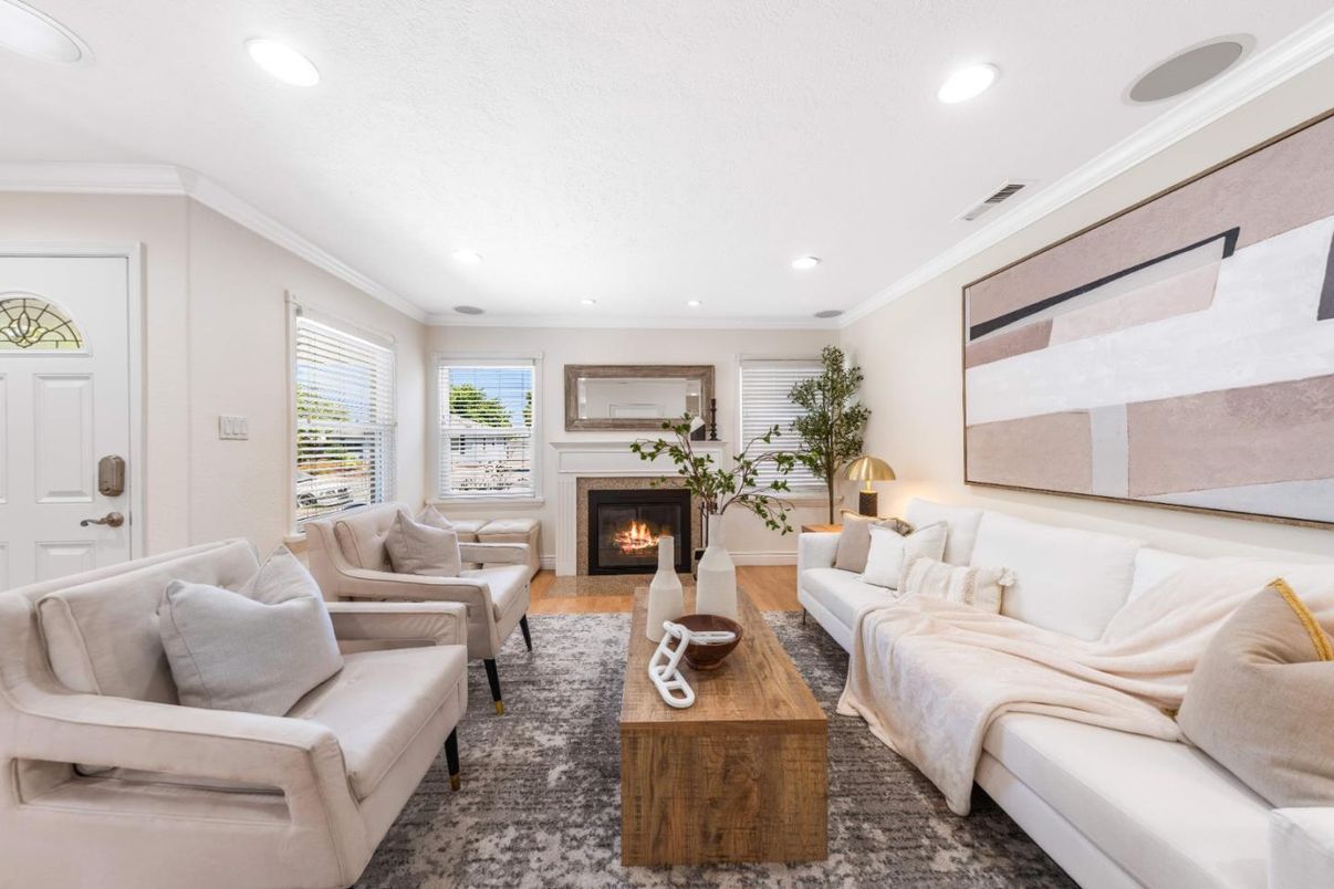 Fireplace, Interior, Living room, Recessed Lighting, Wood Texture Flooring